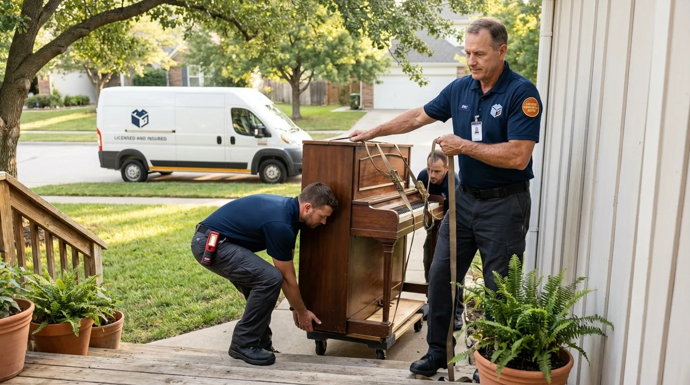 Licensed piano movers securing grand piano in Celina, TN